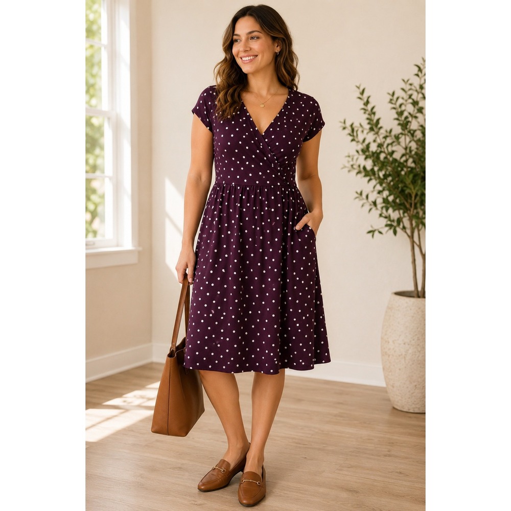 Pact Organic Cotton Polka Dot Dress L NWT Plum Faux Wrap Fit Flare Pockets